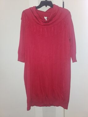 Red Long Sleeve Cowl Neck Dress with Fringe Detail